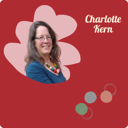 Rote Kachel mit dem Bild von Charlotte Kern auf einer rosa Wolke mit drei farbigen Kreisen.